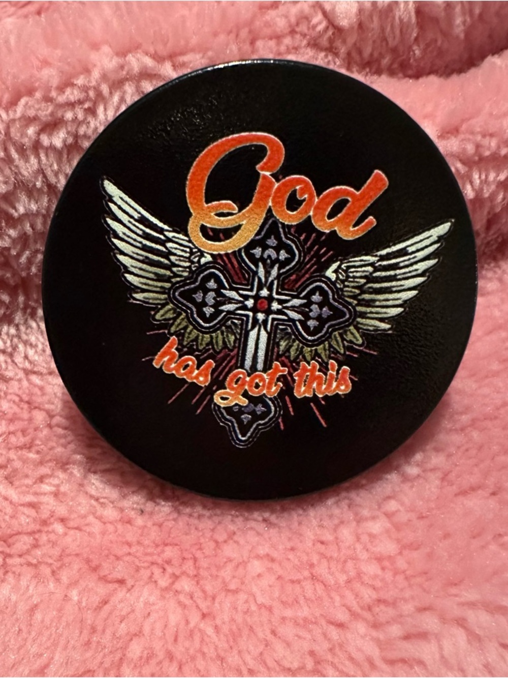 Black Round phone popsocket - "God Has Got This" Winged Cross